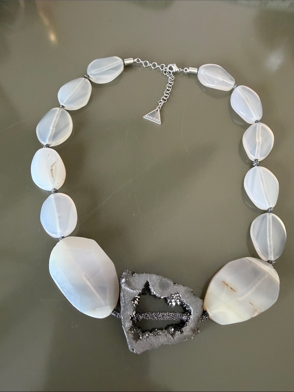 SEREFINA White Agate Bead Necklace with Druzy Pendant